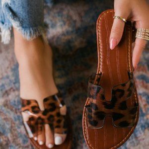 Womens Leather Mule Slide On Sandals Slipper Flat Summer Shoes Beach Leopard